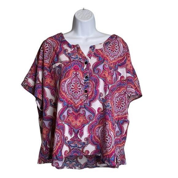 Catherines Women's Pink Blue Paisley Blouse Size‎ Petite 1XW Flowy Artsy Boho - Picture 1 of 13